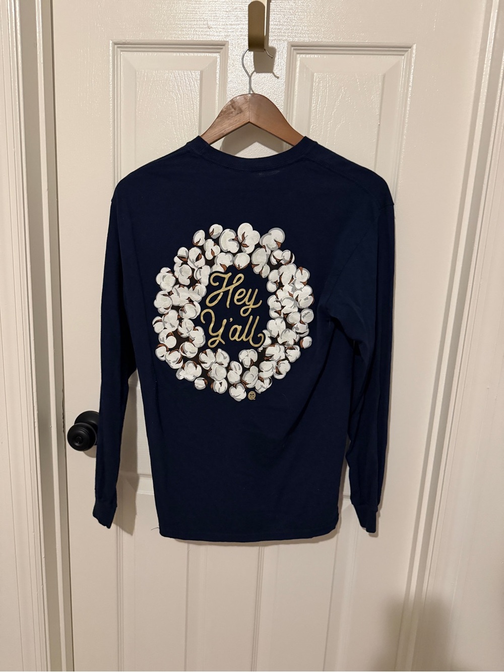 Navy Long-Sleeve Tee with Cotton Wreath "Hey Y'all" Graphic